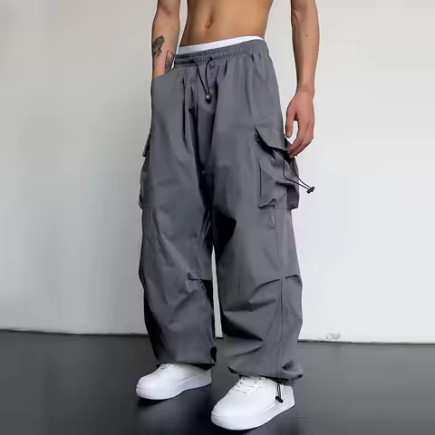 Mens Casual Sports Cargo Pants Woven Pocket Foot Rope Street Tie Solid Pants Mens Multi-Pockets Carg