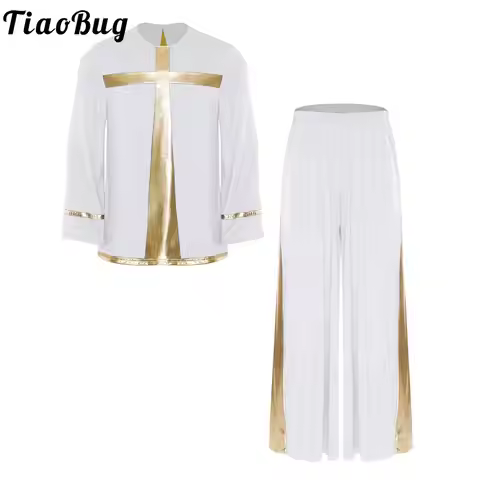 Men Liturgical Worship Dance Outfit Sets Long Sleeve Metallic Cross Pullover Shirt and Pants for Pra