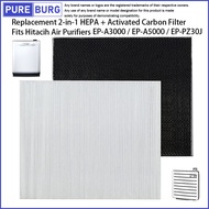 Fits Hitachi Air Purifiers EP-A3000 EP-A5000 EP-PZ30J EP-TZ30J EP-NZ50J Replacement HEPA &amp; Activated Carbon Filter