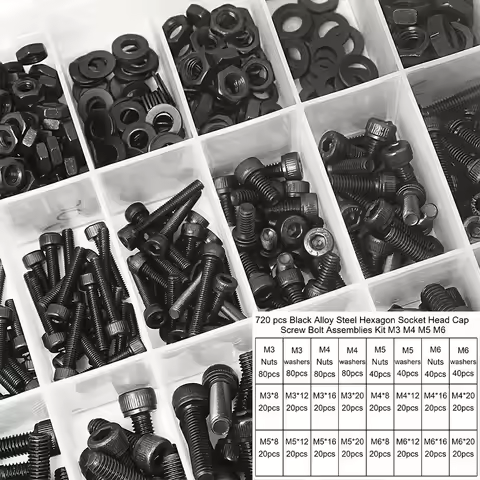 720-piece black alloy steel hex bolt, nut, flat washer, and screw combination kit M3 M4 M5 M6