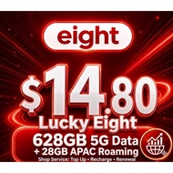 Eight Telecom $14.80  Plan (Lucky Eight) – 628GB 5G Data + 28GB APAC Roaming / Top Up / Recharge / R