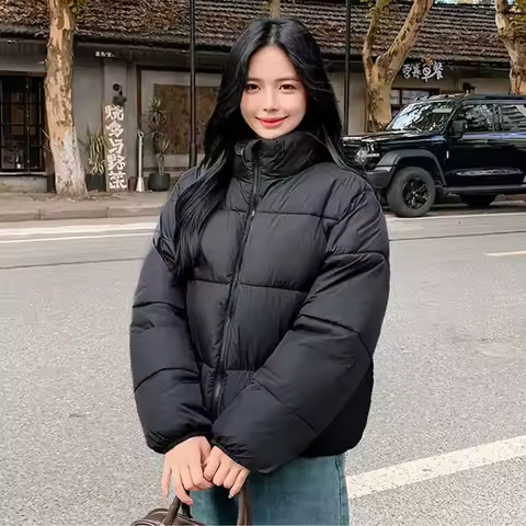 Black Fluffy Crop Parkas Coats Women Korean Streetwear Winter Thick Warm Simple Short Coats Fashion 