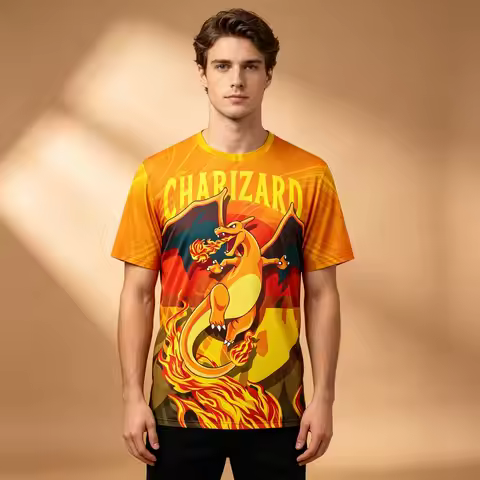 Men's Pokemon Charizard Flame Full Print T-Shirt, Orange Fire Dragon Anime Graphic Casual Short Slee