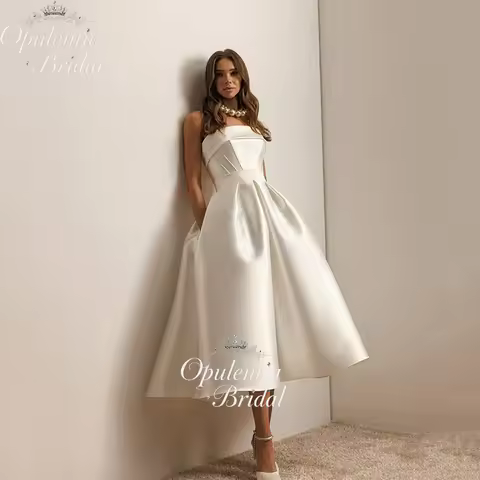 Opulentia Customized Simple Pleat Strapless A-Line Wedding Dress Women Sleeveless Mid- Calf Bridal G