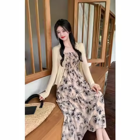 Plus Size French Tea Break Dress Strap Dress Women Summer Dresses Slimming Long Skirt Set High Waist