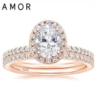 AMOR 925 Sterling Silver Rings 1.5CT Sets Oval Cut CZ Engagement Rings Rose Gold Cubic Zirconia Brid