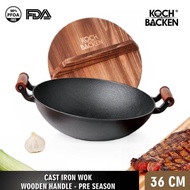 Terbaruuu!!! KOCH&BACKEN Cast Iron Wok Flat Bottom With Wooden Handle and Lid - Wajan Penggorengan P