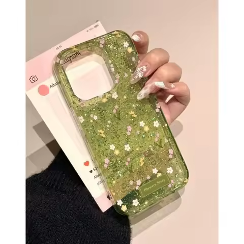 Luxurious green floral sequin case suitable for iPhone 11 12 13 14 15 16 Pro Max cartoon phone case 