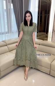 M-6XL เดรสยาวลูกไม้ คอกลม ชุดไปงาน ชุดไปวัด ชุดทำบุญ งานบุญ งานบวช แฟนนาค ชุดลูกไม้ ชุดสาวอวบ อ้วน T