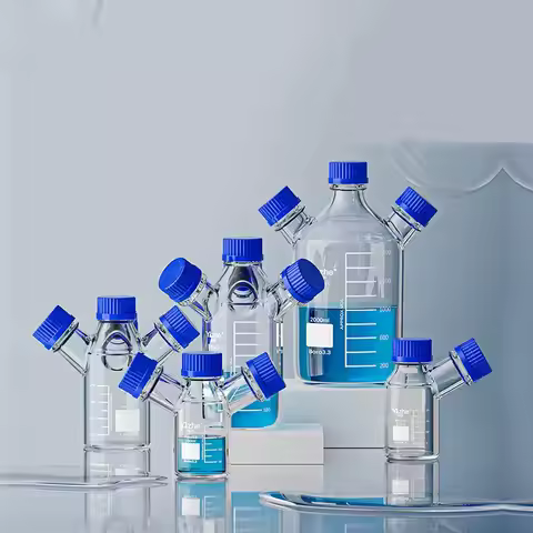GL45 Multi Neck Clear Reagent Bottle High Borosilicate Glass HPLC Mobile Phase Solvent Storage Bottl
