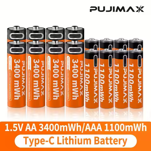 PUJIMAX 1.5V AA&AAA Rechargeable Lithium Battery 3400mWh/1100mWh, Type-C Port Charging Be Reused 150