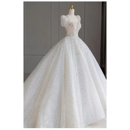 Star Sky main wedding dress short sleeve trailing tail temperament bride wedding luxury department Super Fairy Dream