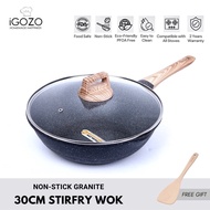 iGOZO 30cm Non Stick Granite Stir-fry Wok + Glass Lid (Free Wooden Spatula)