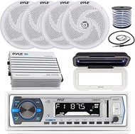 Pyle In-Dash Marine Boat AM/FM USB AUX Radio Headunit Receiver Bundle Combo with 4 x 4'' Full-Range 2-Way 100W Stereo Speakers, 4-Channel Waterproof Amplifier, Radio Shield, Speaker Wire, Antenna