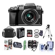 Panasonic Lumix DMC-G7 Mirrorless Micro Four Thirds Camera with 14-42mm Lens, Silver - Bundle with Camera Case, 64GB SDXC U3 Card, Spare Battery, Tripod, 46mm Filter Kit, Software Package, and More