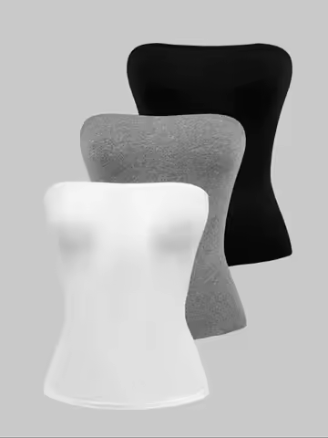 Women 3 Pack Solid Color Tube Top Casual Strapless Form Fitting Sleeveless Camisole Set