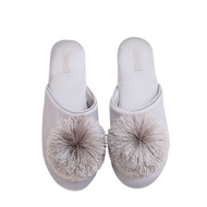 【Mr. Fengs shop】 Fashion Women Satin Slippers With Plush Ball Thin Cool Indoor Floor Flat Home Shoes
