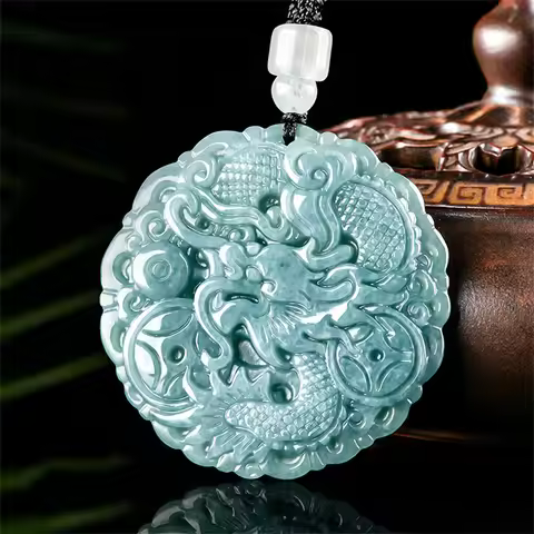 Retro Natural Ice Green Jadeite Carved Coin Dragon Lucky Pendant Amulet Necklace Certificate Luxury 