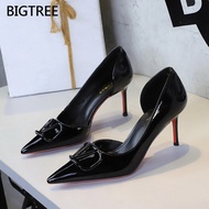 BIGTREE Women's High Heels9265-AK117French-style sexy pointed-toe high heels with square buckle, sid