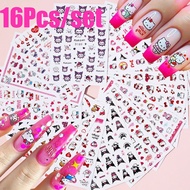 16pcs/set 3D Sanrio Kitty Cartoon Nail Stickers 6.5x9.6cm Hello Kitty/Kuromi Nail Decal Press On Nai