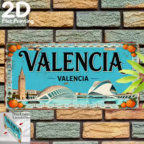 Vintage Rustic "VALENCIA SPAIN" City of Arts and Sciences Scenery Orange Pattern License Plate 2D Fl