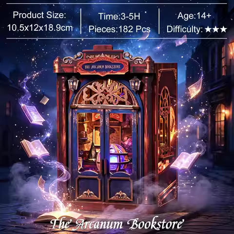 DIY Wooden Magic Bookstore Book Nook Kit, LED Light Up Wizard Shop 3D Puzzle, Arcanum Bookstore Micr