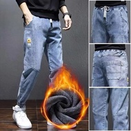 Men Jeans Autumn Winter Warm Plush Lined Drawstring Elastic Waist Pockets Casual Loose Soft Male Cuf