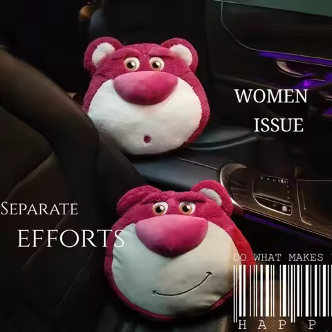 Cute Strawberry Bear Car Seat Headrest Neck Protection Lotso Lumbar Support Pillow Soft Comfortable 