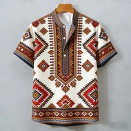 Vintage Ethnic Aztec Print Stand Collar Henley Shirt for Men Casual Short Sleeve Beach T-Shirt