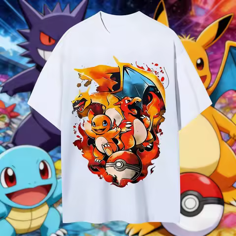 2026 Summer Pokemon Charmander Charizard Evolution Print T-Shirt, 100% Cotton Loose Couple & Family 