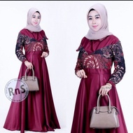 gamis batik kombinasi polos / baju batik pesta wanita muslimah terbaru - maroon