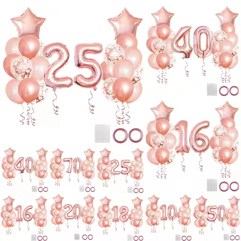 25pcs Rose Gold Mixed Balloons 10 15 16 18 20 21 25 30 35 40 50th Birthday Party Decorations Woman B
