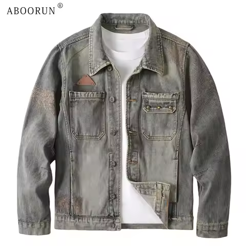 ABOORUN Men's Punk Rivets Denim Jackets Patchwork Embroidery Coats for Male