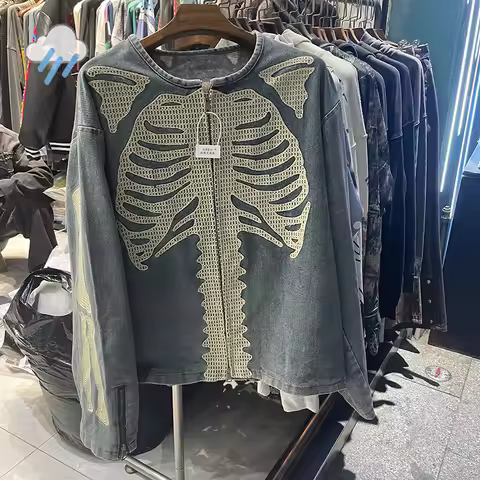 24FW High Quality Vintage Blue Denim Jacket Men Women Streetwear Skeleton Bone Embroidery KAPITAL Zi