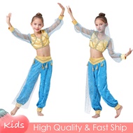 Princess Jasmine Costume Cosplay Aladdin Golden Shirt Blue Pants Croptop Set For Kids Girl Halloween Christmas Party Outfits