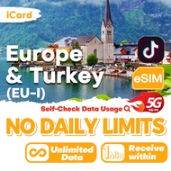 iCard eSIM Europe UK& Turkey 3-30 Days Unlimited Data SIM (No daily limit)Support TT |EU-I plan
