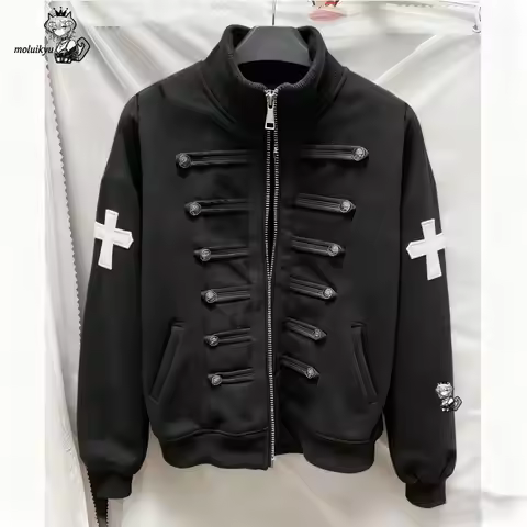 Y2K Men/women Jacket Gothic Cross Patch Jacket Black Military Style Zip-Up Coat Dark Academia Street