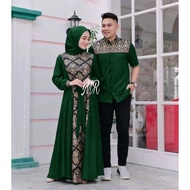 gamis batik kombinasi polos terbaru 2022 modern couple baju muslim - hijau m