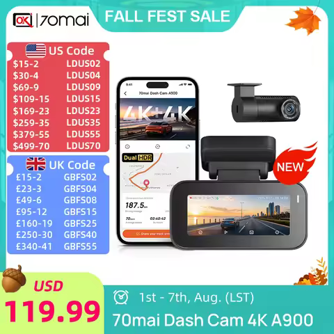 【New】70mai A900 4K Car Dash Cam Dual True 4K Dual HDR 4G Cloud+ 2.0 GPS Fatigue Warning Supercapacit