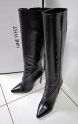 NINE WEST 黑皮革長筒 細高跟女靴 6M號