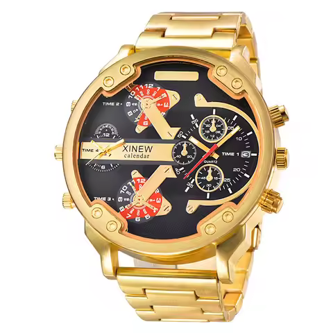 Men Big Brand Golden Watches Fashion Casual Alloy Band 5.6cm Large Face Date Quartz Wrist Watch DZ R