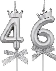 VSHILI 46 64 Birthday Candles, 46th 64th Cake Candles, Silver Happy Birthday Number 46 64 Candles Ca