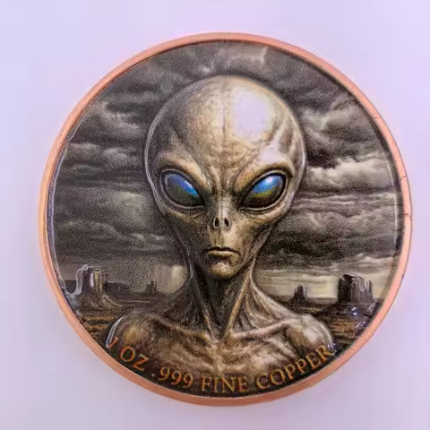 1oz .999 Fine Copper Coin Visit Alien UFO Earth Satellite 3D High Relief Colorized Sci-Fi Galaxy Spa