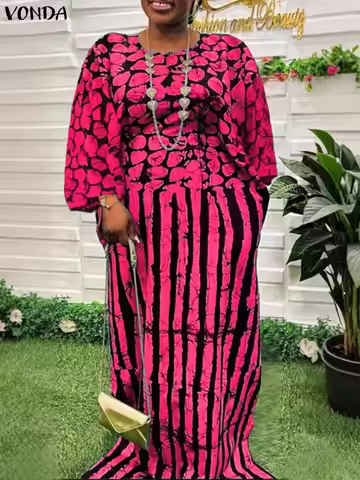 Plus Size 5XL Women Dress Vintage Printed Sundress 2025 VONDA Bohemian 3/4 Sleeve Robe Casual O Neck