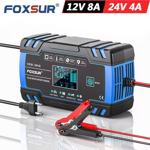 FOXSUR FBC122408D 12V 8A 24V 4A Pulse Repair Charger with LCD Display Battery Charger AGM Deep Cycle