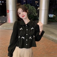 Áo sơ mi nữ tay dài đính nơ dáng lửng bo chun tiểu thư Gloria shop