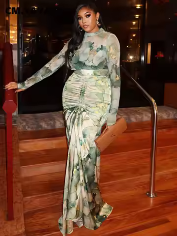 CM.YAYA Fashion Party Women's Dress Set Long Sleeve T-shirt and Drawstring Ruched Maxi Long Skirts 2