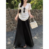 ฤดูใบไม้ผลิใหม่ PLUS ขนาด Frock กระโปรง Draped ซาตินครึ่งความยาวเอวสูง Slimming A-Line ชุดยาว Elegan