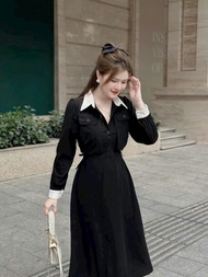 Đầm sơ mi tay dài chất vải nhung tôn dáng váy suông basic style Hàn Quốc tôn dáng