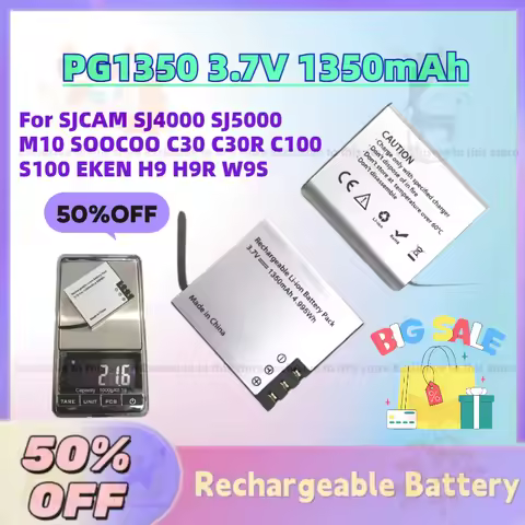 In Stock 2Pcs PG1350 3.7V 1350mAh Li-ion Camera Battery for SJCAM SJ4000 SJ5000 M10 SOOCOO C30 C30R 